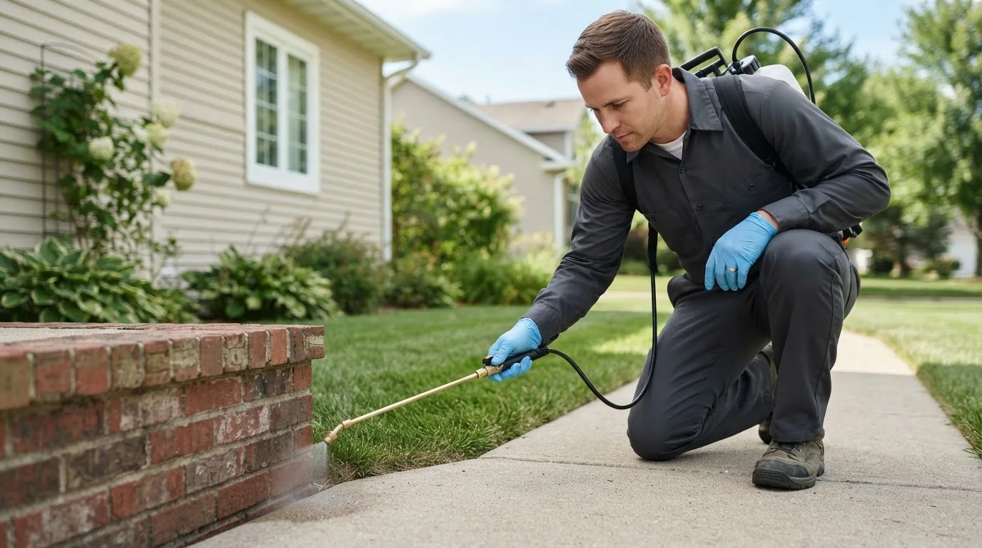 Pest control technician treating a home near Del Valle, TX
